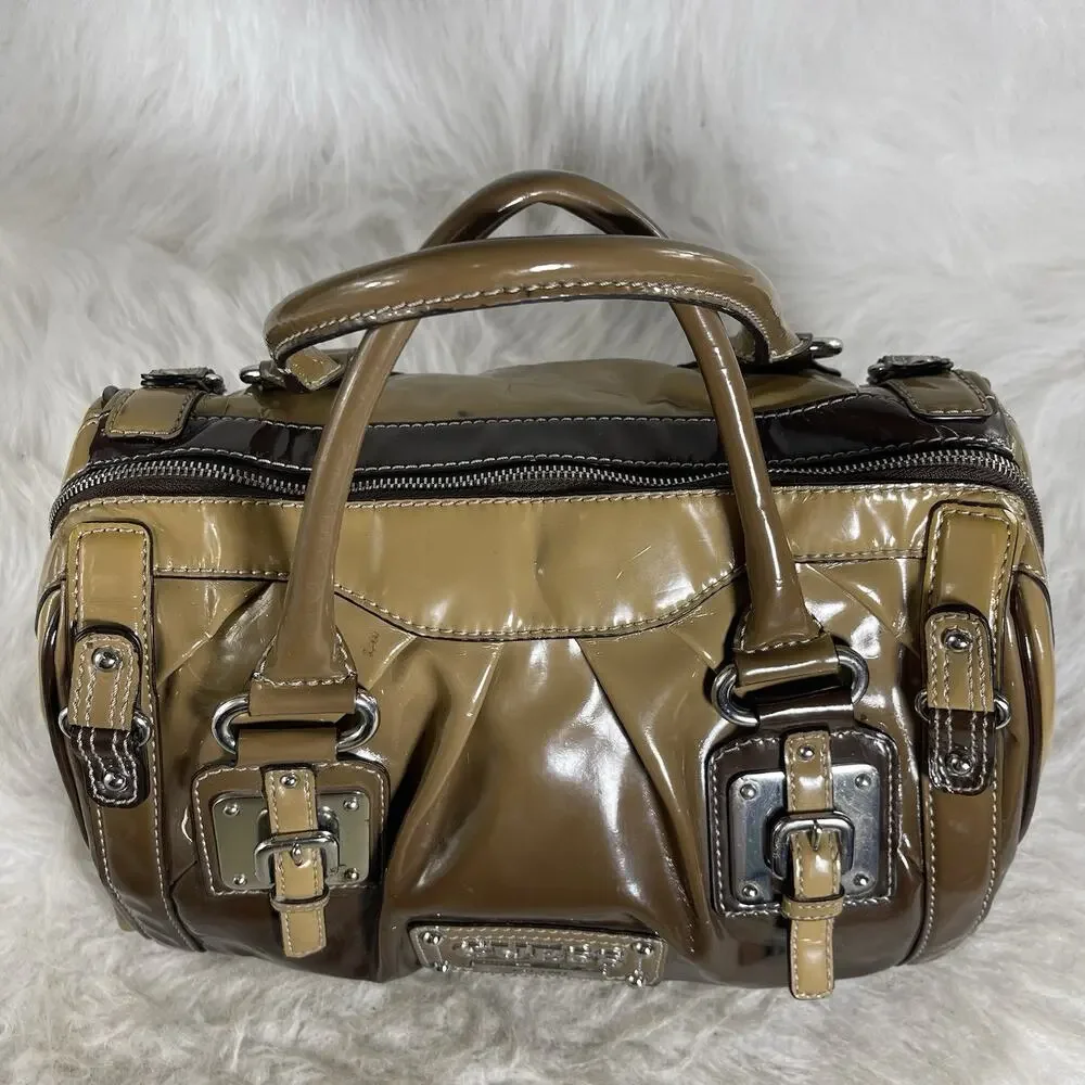 GUESS Patent Leather Satchel Shoulder Bag Brown Tan Logo Purse W015017